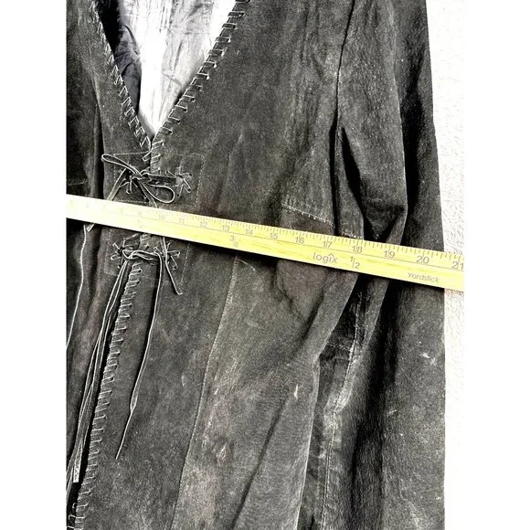 Faded Glory Ladies Leather Jacket L Black Fringe Tie Closure - Picture 11 of 16